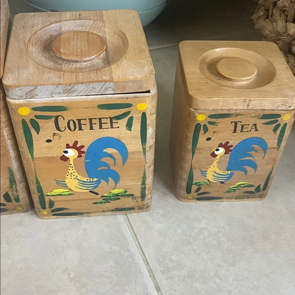 Vintage*Wood Rooster/ Rustic Wooden Kitchen Canister Set with Rooster Design